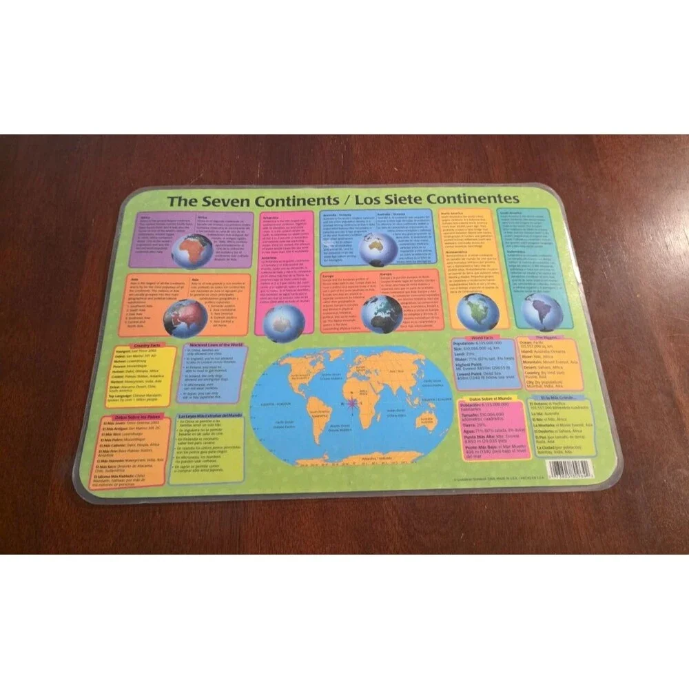Our World Educational Placemat Bilingual Plastic 2004 Made in USA Homeschooling